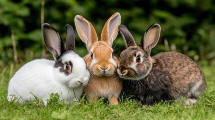 Group of three adorable rabbits relaxing together on green grass in a sunny garden on a pleasant day