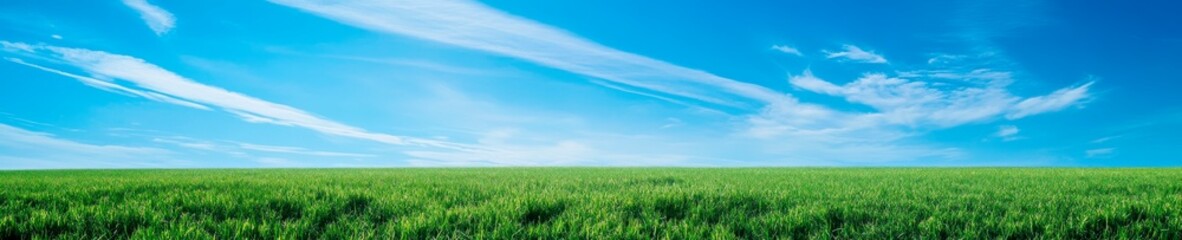 Fototapeta premium Lush green grass field under a vibrant blue sky creates a serene landscape perfect for nature and environmental projects.