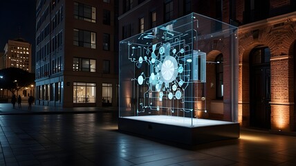 Floating AI interface with 3D projections in an urban setting