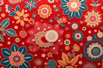 Vibrant Floral Pattern Fabric with Embroidered Flowers on Red Background