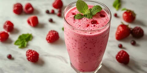 Refreshing raspberry smoothie served in a tall glass with mint leaves and fresh berries on a marble countertop