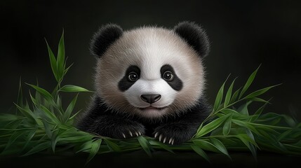 A panda cub is peacefully lounging amidst lush bamboo leaves, enjoying its tranquil natural habitat under the warm daylight