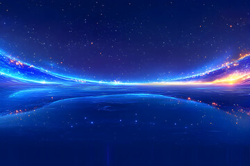 Obraz premium Abstract cosmic landscape with glowing blue and orange lights, reflecting on a dark blue water surface. Ideal for futuristic, technology, or fantasy themes.