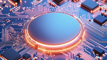 stunning close-up of a modern circuit board with glowing elements