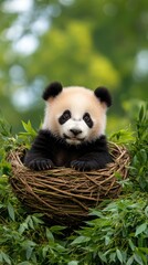 Fototapeta premium A charming panda cub is peacefully nestled in a cozy woven nest, surrounded by lush green foliage under the bright daylight