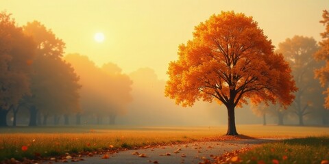 Golden autumn tree standing majestically beside a tranquil path strewn with fallen leaves, bathed in the warm glow of sunrise.