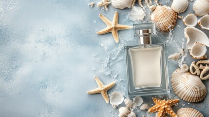 Elegant glass perfume bottle surrounded by seashells and starfish on a serene blue background evoking beach tranquility and summer vibes