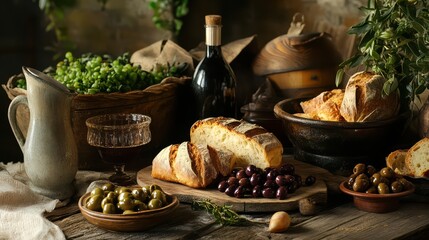 Rustic Table Filled with Fresh Baked Bread and Olives