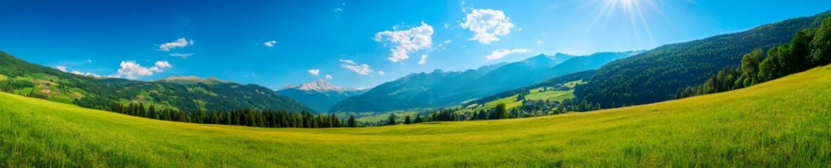 Obraz premium Lush green alpine meadow under sunny blue sky offers stunning mountain landscape view for hiking and nature travel.