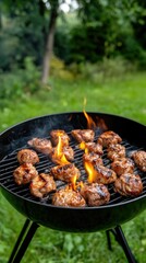 On a sunny afternoon, I find myself grilling mouthwatering meat skewers over an open flame in a vibrant, lush green backyard