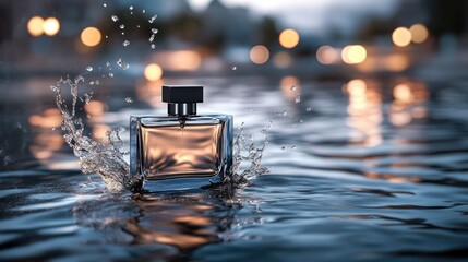 Elegant fragrance bottle splashes in tranquil water at dusk, creating ripples and shimmering reflections
