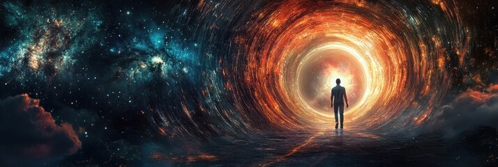 A traveler stepping through an Einstein-Rosen bridge, visually stunning space-time portal, ultra-HD
