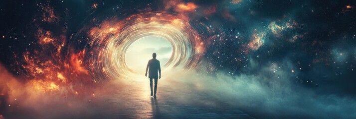 A traveler stepping through an Einstein-Rosen bridge, visually stunning space-time portal, ultra-HD