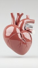 Detailed 3D illustration of a human heart showing anatomical features and structure in a neutral background
