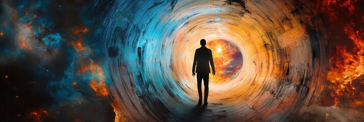 A traveler stepping through an Einstein-Rosen bridge, visually stunning space-time portal, ultra-HD
