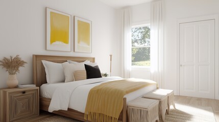 Fototapeta premium Cozy Minimalist Bedroom: A bright and airy bedroom with a wooden bed frame, white linen bedding and a plush yellow throw. Two framed abstract paintings, a bedside table with dried grass decor.