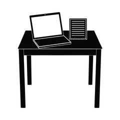 Vibrant office desk silhouette showcasing open laptop with documents and creative work flow in white