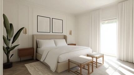Cozy Bedroom Interior: A bright and airy bedroom with modern design, featuring a comfortable bed, elegant furniture, and soft curtains, creating a serene and inviting atmosphere.