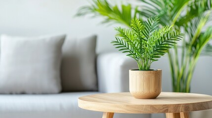 Lush Green Plant in Bamboo Pot on Wooden Table in Minimalist Living Room with Soft Couch and Bright Indoor Plants