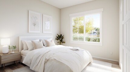Serene Bedroom Sanctuary: A bright and airy bedroom with a cozy bed, soft textures, and a window offering natural light and a view of the outdoors.