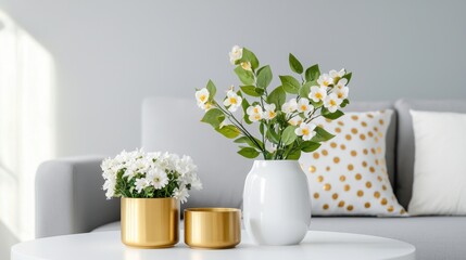 Elegant Modern Living Room Decor with Fresh Flowers and Stylish Accessories on Coffee Table in Contemporary Home Interior Design