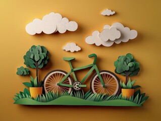ESG - Environment, Society, and Governance. Colorful paper art featuring a bicycle surrounded by trees and clouds against a yellow background.