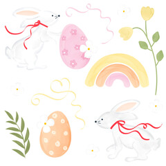 Easter Rabbit with Red Ribbon, Watercolor Illustration, Hand Drawn, Flowers, Cute, Bunny, Concept, Easter, Eggs, Rabbits, Rainbow