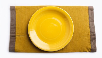empty yellow plate on kitchen napkin isolated on white background top view