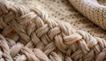 closeup of beige braided knit woolen fabric with detailed texture for warmth and comfort