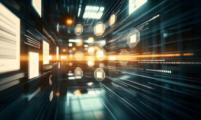 Futuristic digital data stream flowing through a virtual corridor, representing the speed and complexity of modern technology.