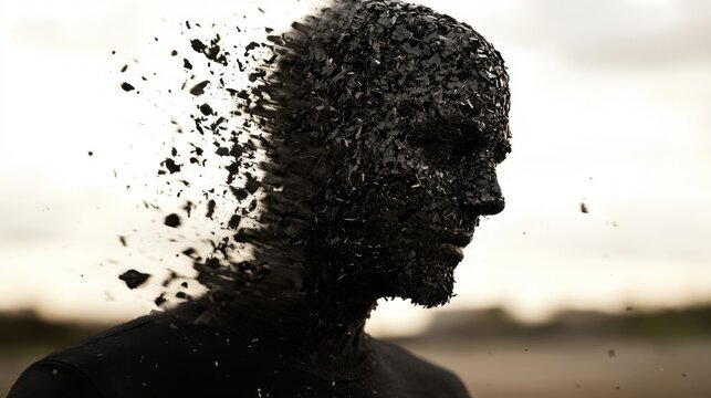Abstract human figure dissolving into fragments against a blurred natural background, depicting transformation and loss of identity
