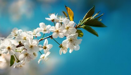 Obraz premium close up of branch with beautiful european white cherry blossom flower on tree in early spring on blue sky background