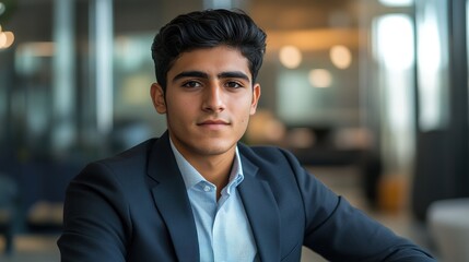 Obraz premium Confident young man in formal attire at a modern desk, embodying professionalism and ambition. 