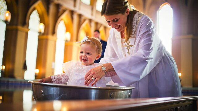 a child is baptized in water in a Christian church, a religious rite, a sacrament, Orthodoxy, Catholicism, a temple, a priest, baptism, christening, immersion, Epiphany