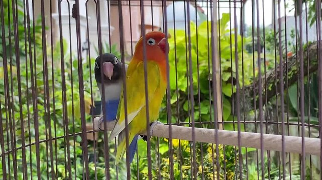 Close up video of lovebird in a cage as pet. Concept world animal day