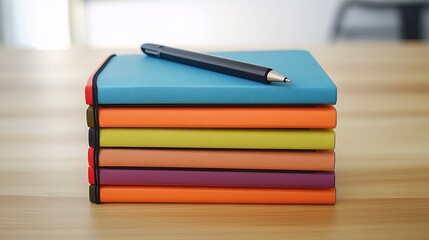 A clean stack of notebooks with a single pen resting on a light wooden table. background
