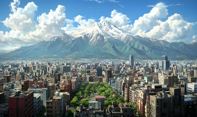Obraz premium Stunning cityscape nestled against a majestic snow-capped mountain under a vibrant sky. A picturesque blend of urban architecture and breathtaking natural beauty.