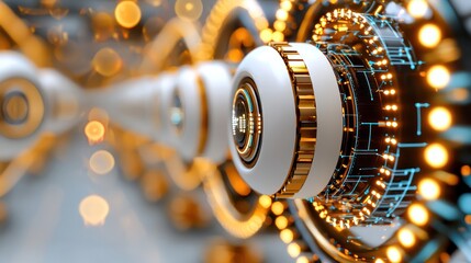 Futuristic technological device with white gold and circuit board elements