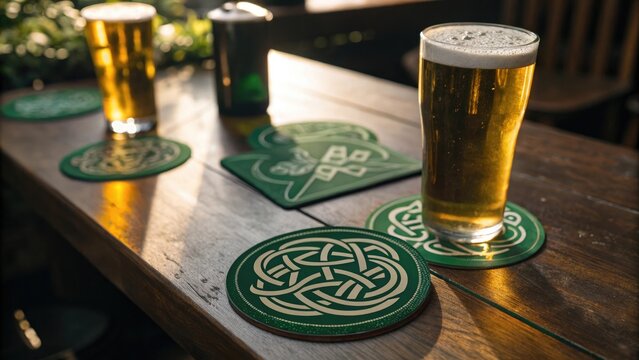 Refreshing pints of beer on rustic table with Celtic coasters representing camaraderie and celebration