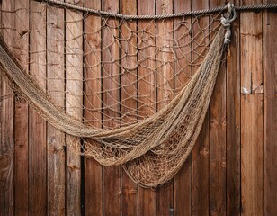 Obraz premium rustic wooden wall with worn fishing net in warm brown and beige tones for nautical themes