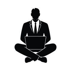 Relaxed office worker silhouette sitting cross legged with laptop for creativity in white