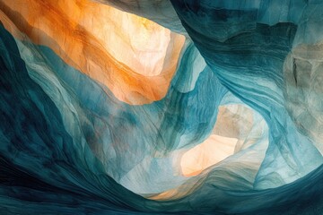 Swirling sandstone canyon walls in shades of teal and orange, illuminated from above.