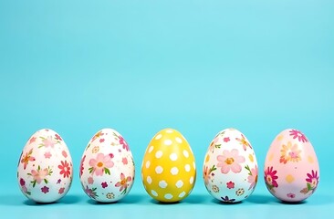 Fototapeta premium Easter eggs with floral patterns on a blue background