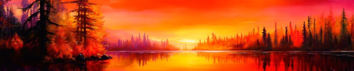 Fiery sunset landscape painting reflects vibrant colors across a serene lake and forest.