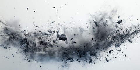 Explosive debris spreads across a stark white background, showcasing a powerful impact in an abstract representation
