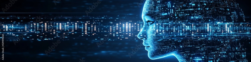 Poster glowing artificial intelligence profile with data streams on blue, technology and ai concept.