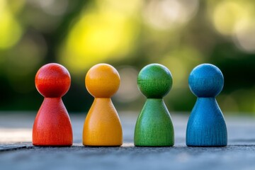 Colorful wooden figures in a row outdoors