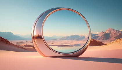 circular mirror stands in a pastel colored desert reflecting distant mountains under a clear sky creating a surreal and dreamlike landscape