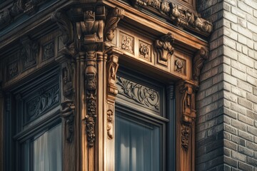 Obraz premium Intricate wooden carvings adorn this vintage building's bay window, showcasing exquisite craftsmanship.