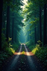 Fototapeta premium Dark shadowed forest path, winding road disappearing into dense trees , forest track, Forest road, travel